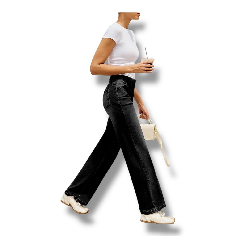 NEW Sidefeel Womens High Waisted Seamed Wide Leg Jeans Washed Black Size 10 - Picture 5 of 8